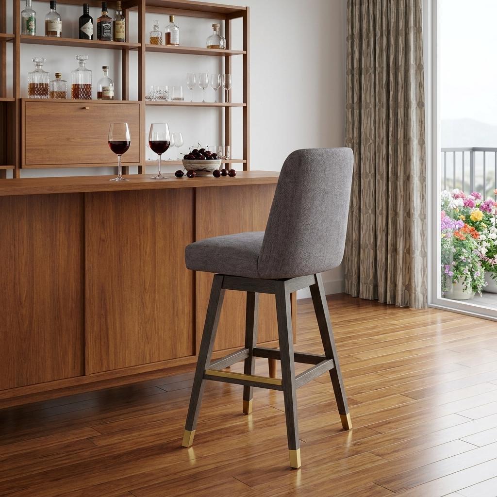 30" Gray And Brown Fabric And Solid Wood Bar Height Swivel Bar Chair