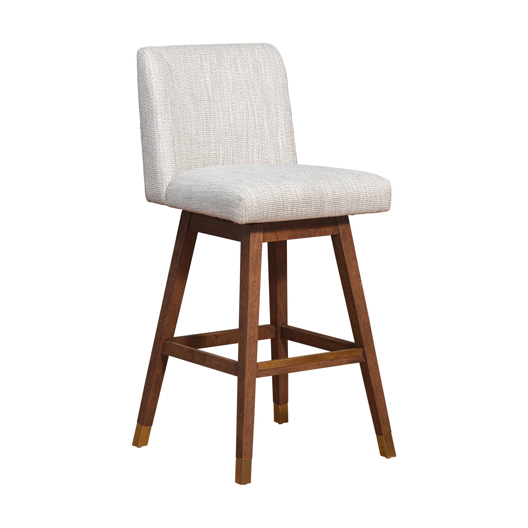 30" Beige And Brown Fabric And Solid Wood Bar Height Swivel Bar Chair