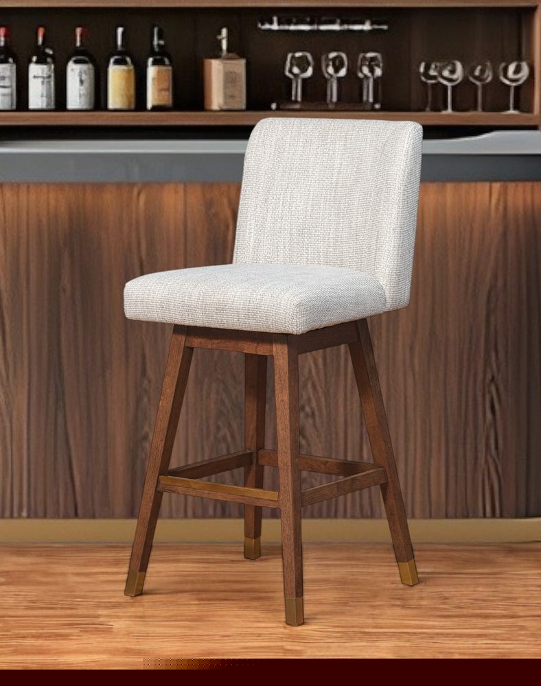 30" Beige and Wood Brown Solid Wood Bar Height Swivel Bar Chair