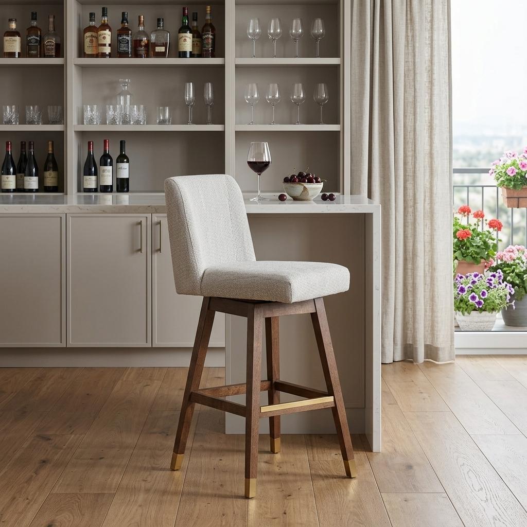 30" Beige And Brown Fabric And Solid Wood Bar Height Swivel Bar Chair