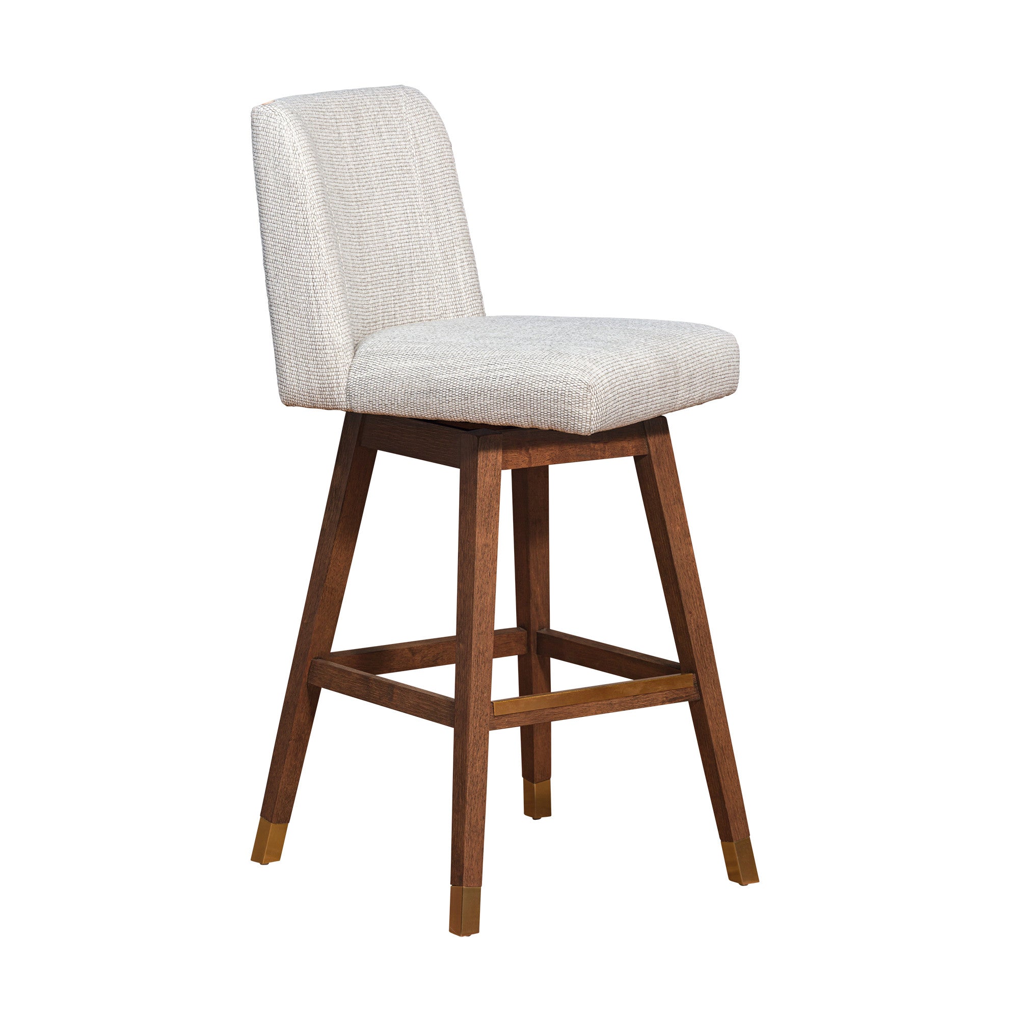 30" Beige And Brown Fabric And Solid Wood Bar Height Swivel Bar Chair
