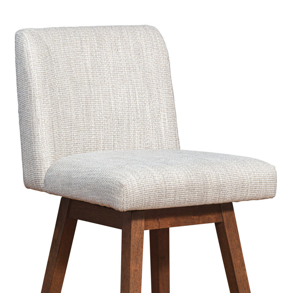 30" Beige And Brown Fabric And Solid Wood Bar Height Swivel Bar Chair