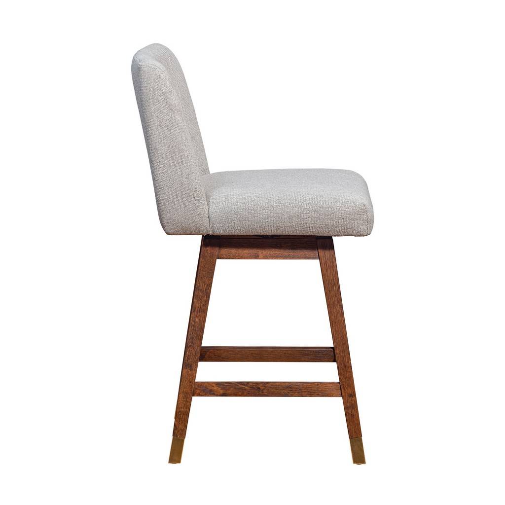 26" Taupe And Brown Fabric And Solid Wood Counter Height Swivel Bar Chair