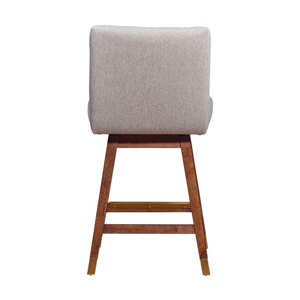 26" Taupe And Brown Fabric And Solid Wood Counter Height Swivel Bar Chair