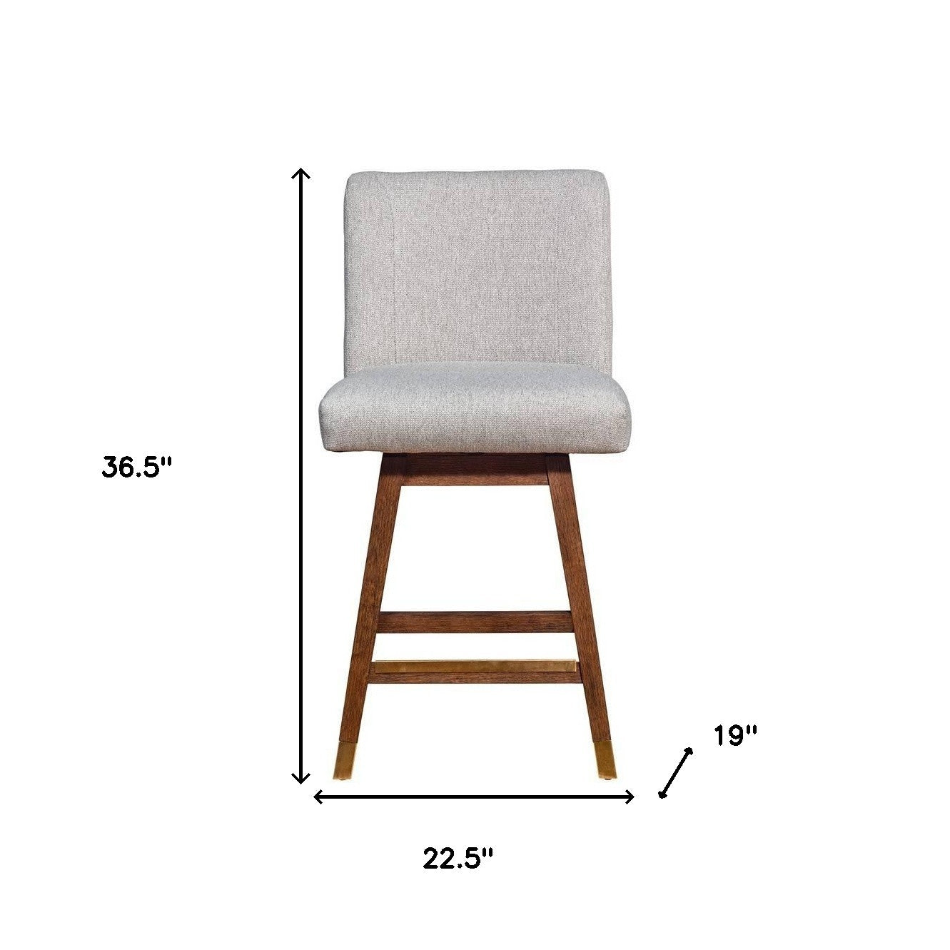 26" Taupe And Brown Fabric And Solid Wood Counter Height Swivel Bar Chair