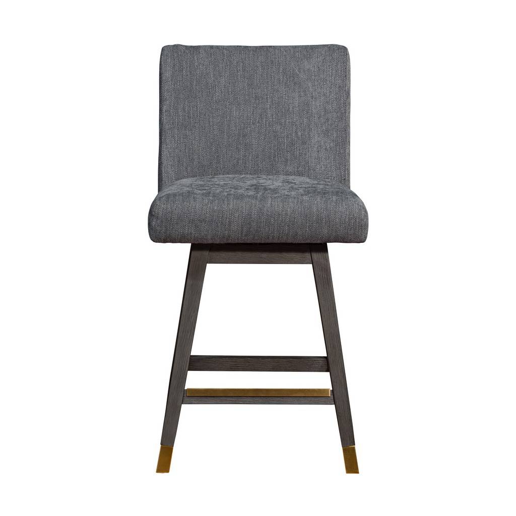 26" Gray And Brown Fabric And Solid Wood Counter Height Swivel Bar Chair