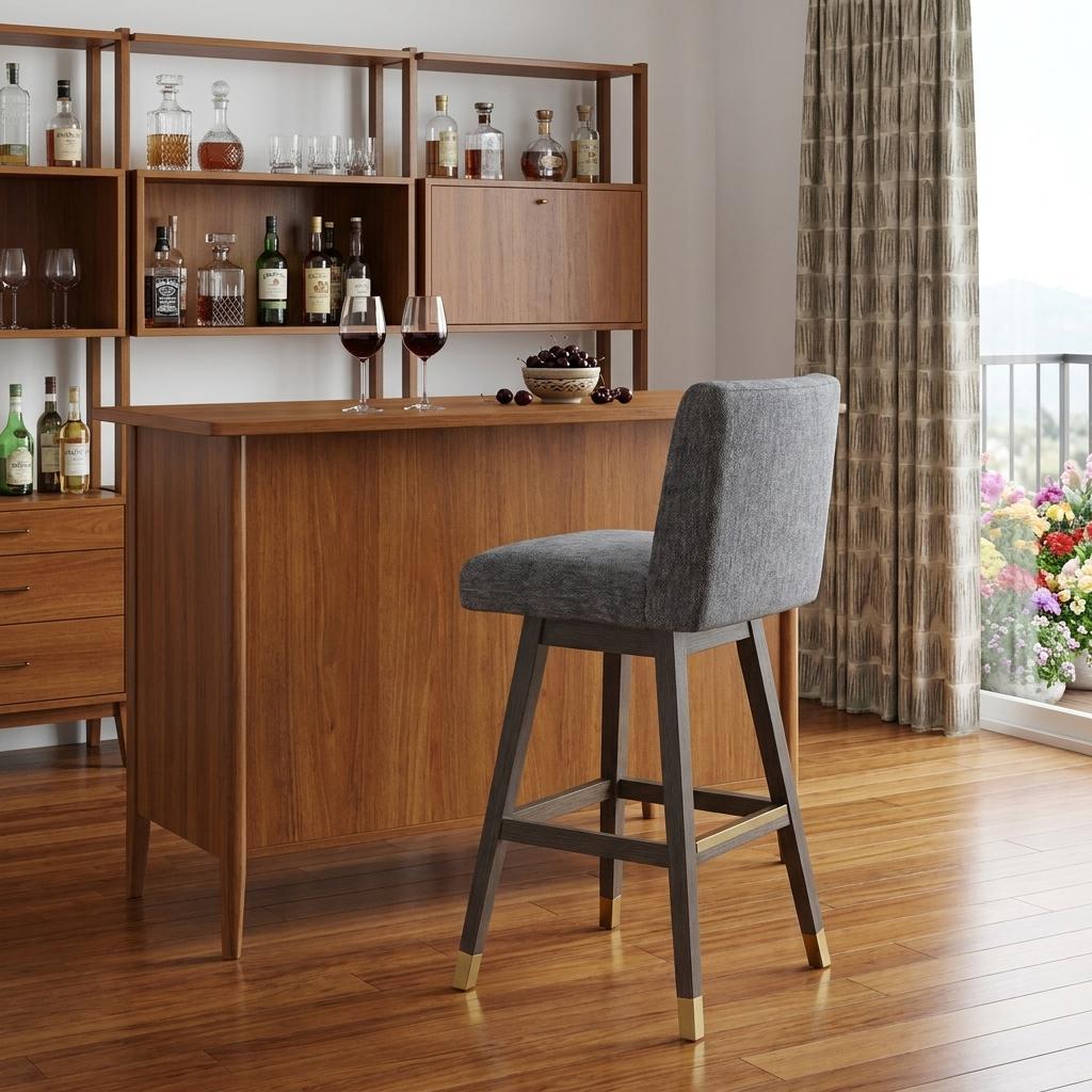 30" Gray And Brown Solid Wood Bar Height Swivel Bar Chair