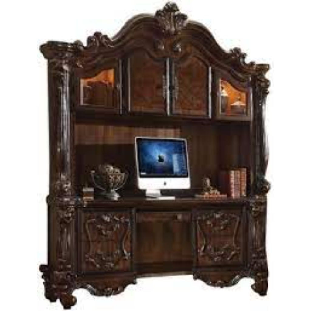 76" Dark Brown Wood Peninsula Credenza Desk With Four Cabinets Three Drawers