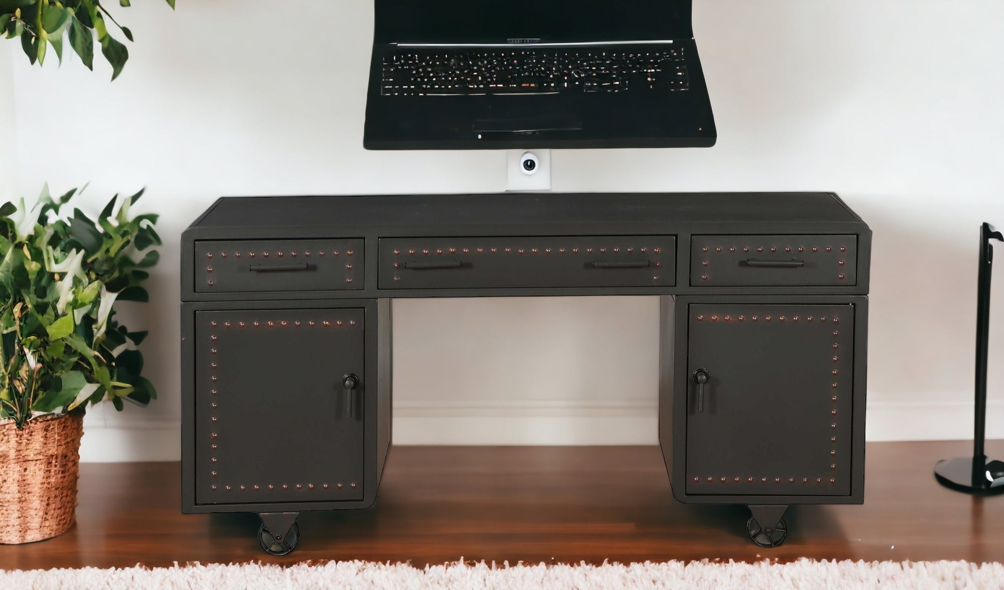 63" Gray Metal Executive Desk With Two Cabinets Three Drawers