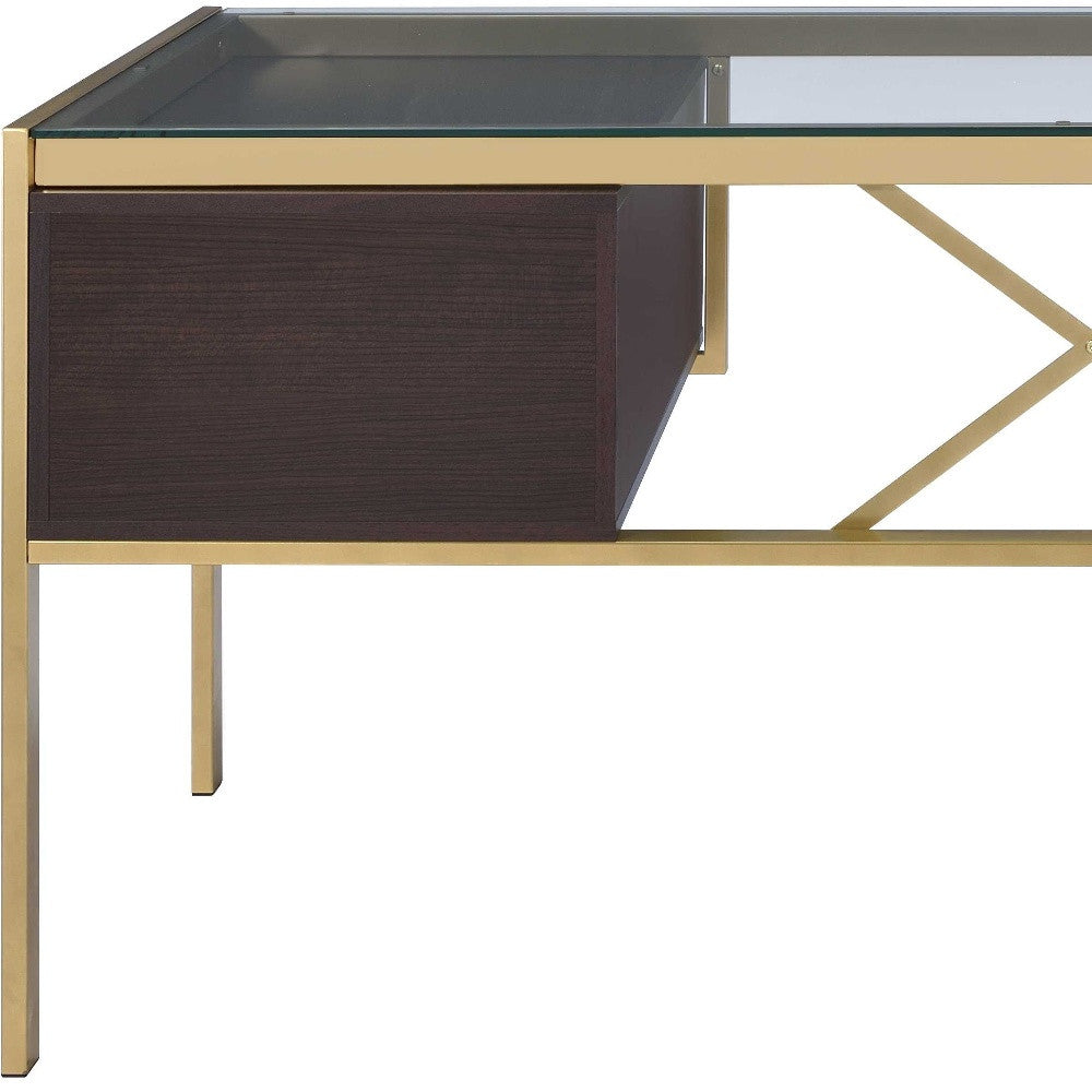 64" Clear and Gold Glass Writing Desk With Four Drawers