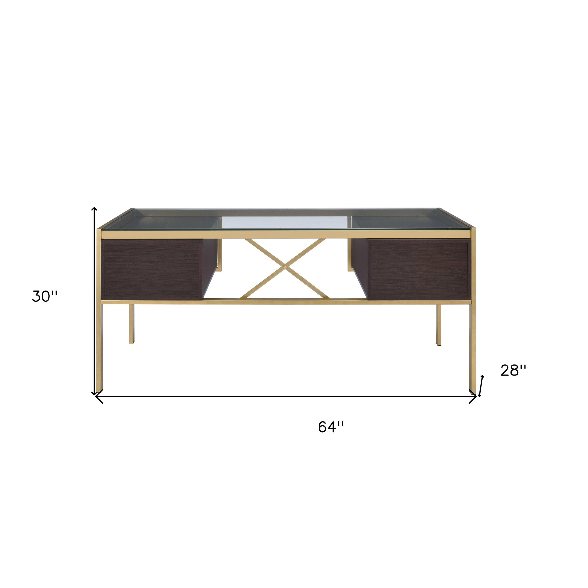 64" Clear and Gold Glass Writing Desk With Four Drawers