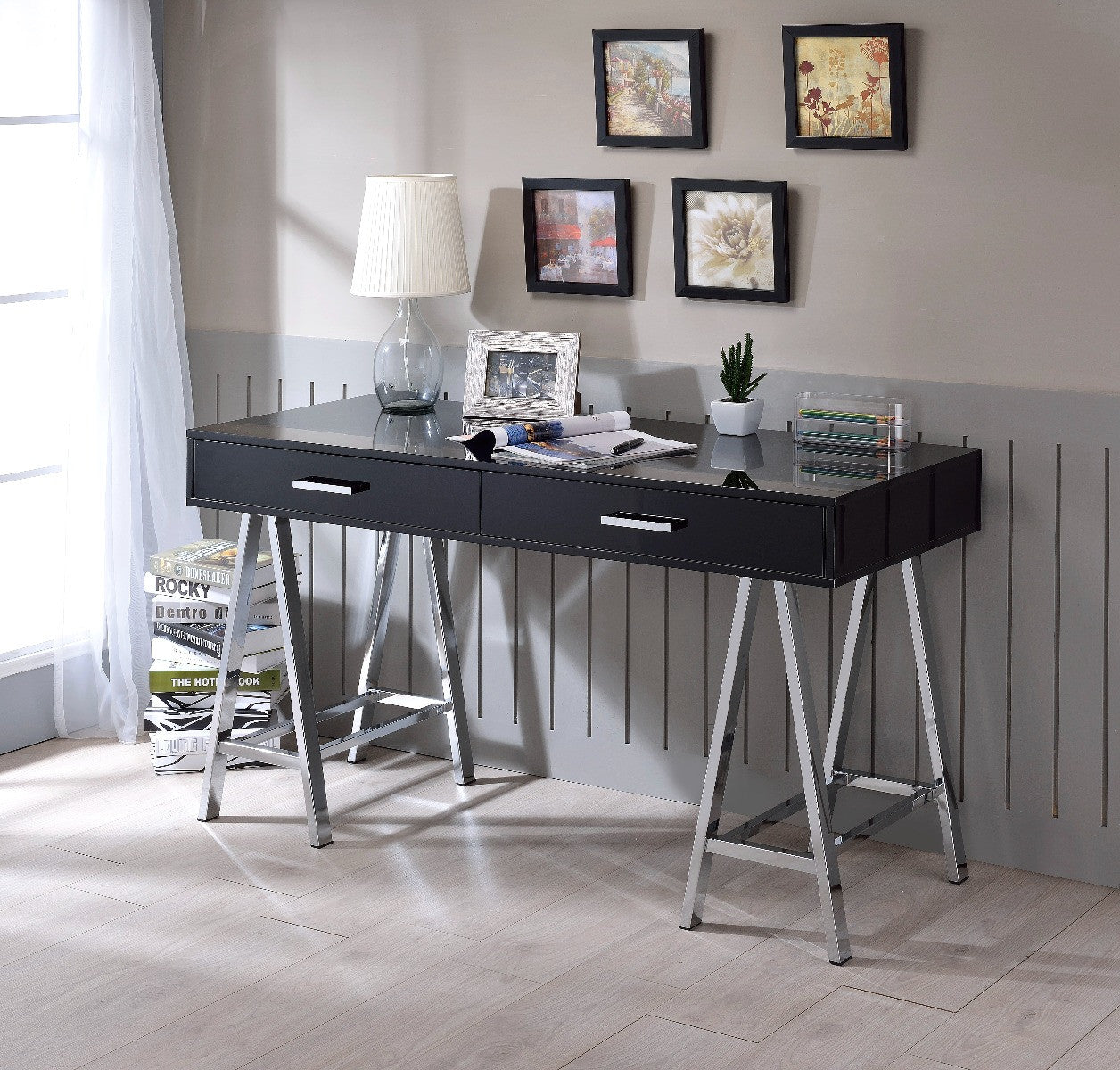 54" Black and Silver Writing Desk With Two Drawers