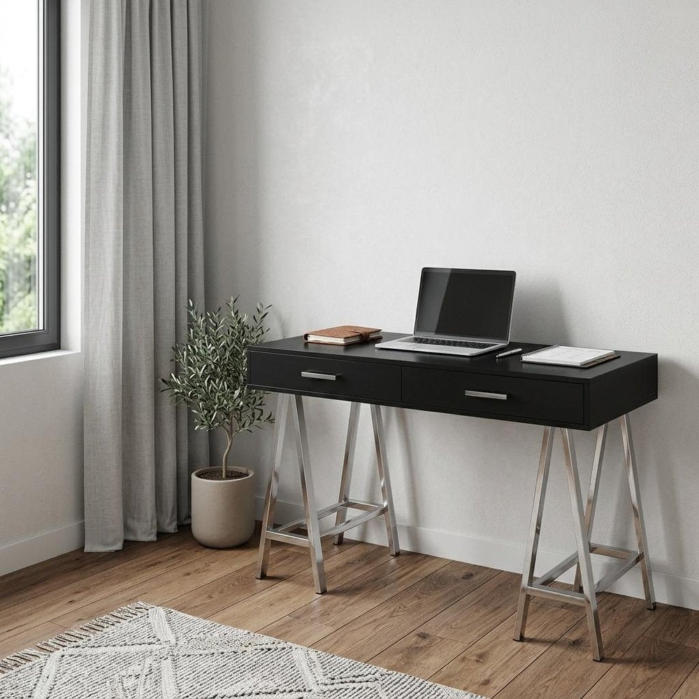 54" Black and Silver Writing Desk With Two Drawers