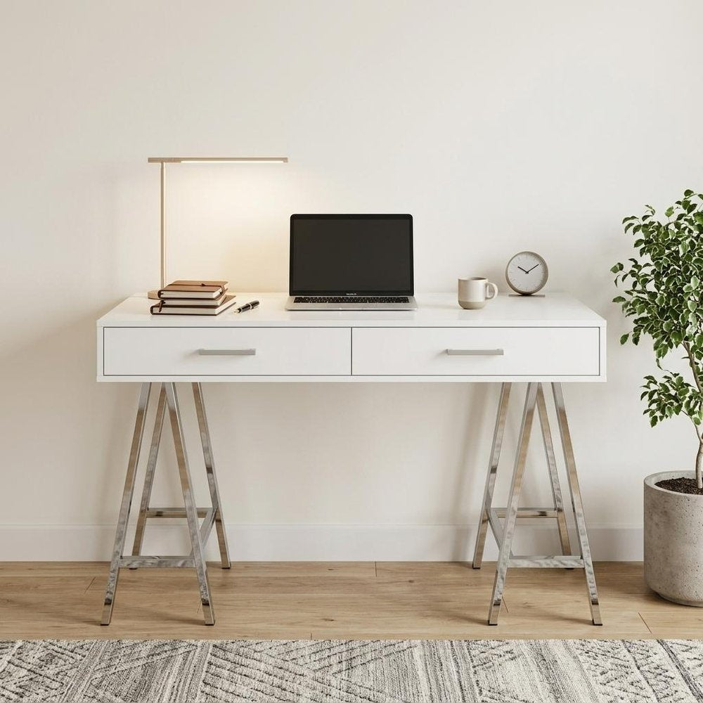 54" White and Silver Writing Desk With Two Drawers