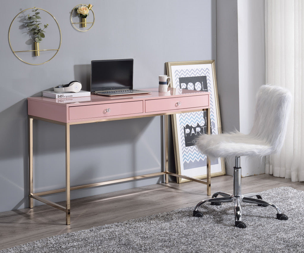 47" Pink and Gold Writing Desk With Two Drawers