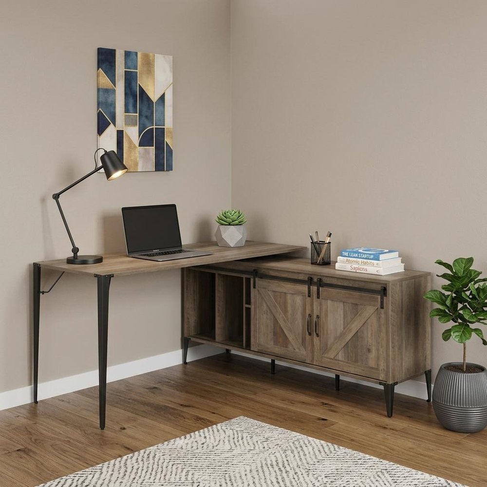 65" Brown and Black L Shape Writing Desk