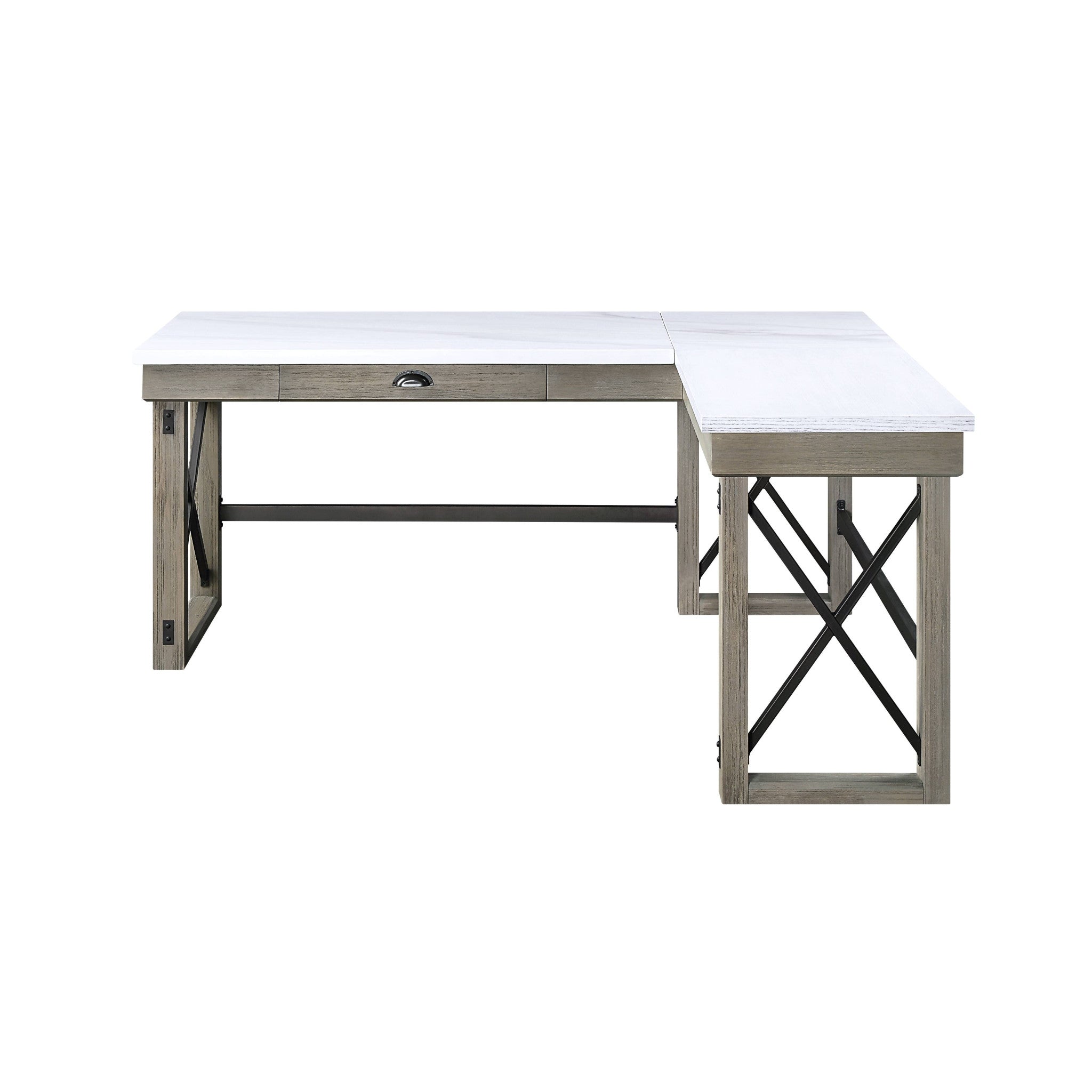 67" White and Brown Marble L Shape Writing Desk