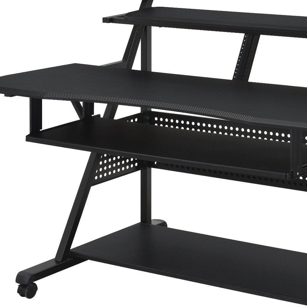 67" Black Wood and Metal Rolling Computer Desk