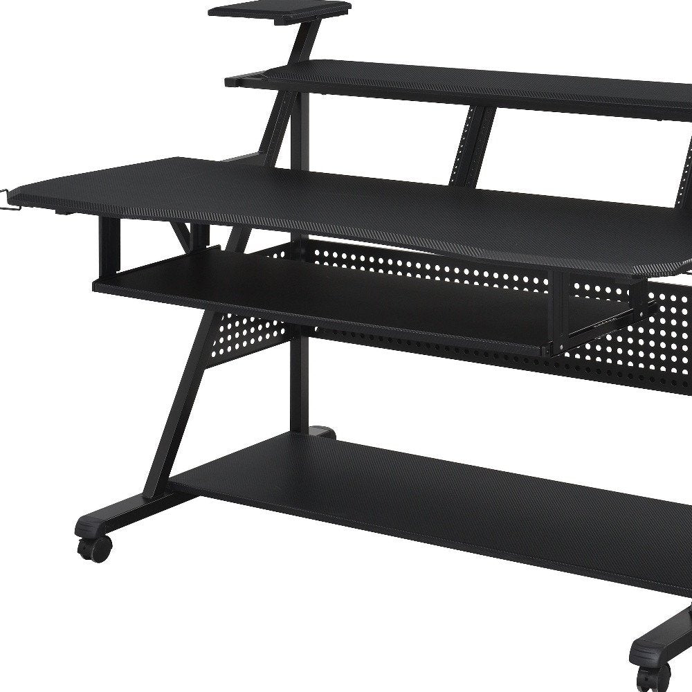 67" Black Wood and Metal Rolling Computer Desk