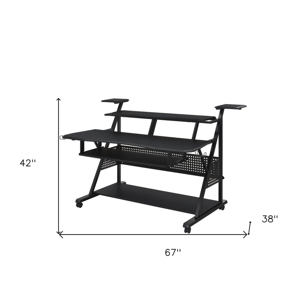 67" Black Wood and Metal Rolling Computer Desk