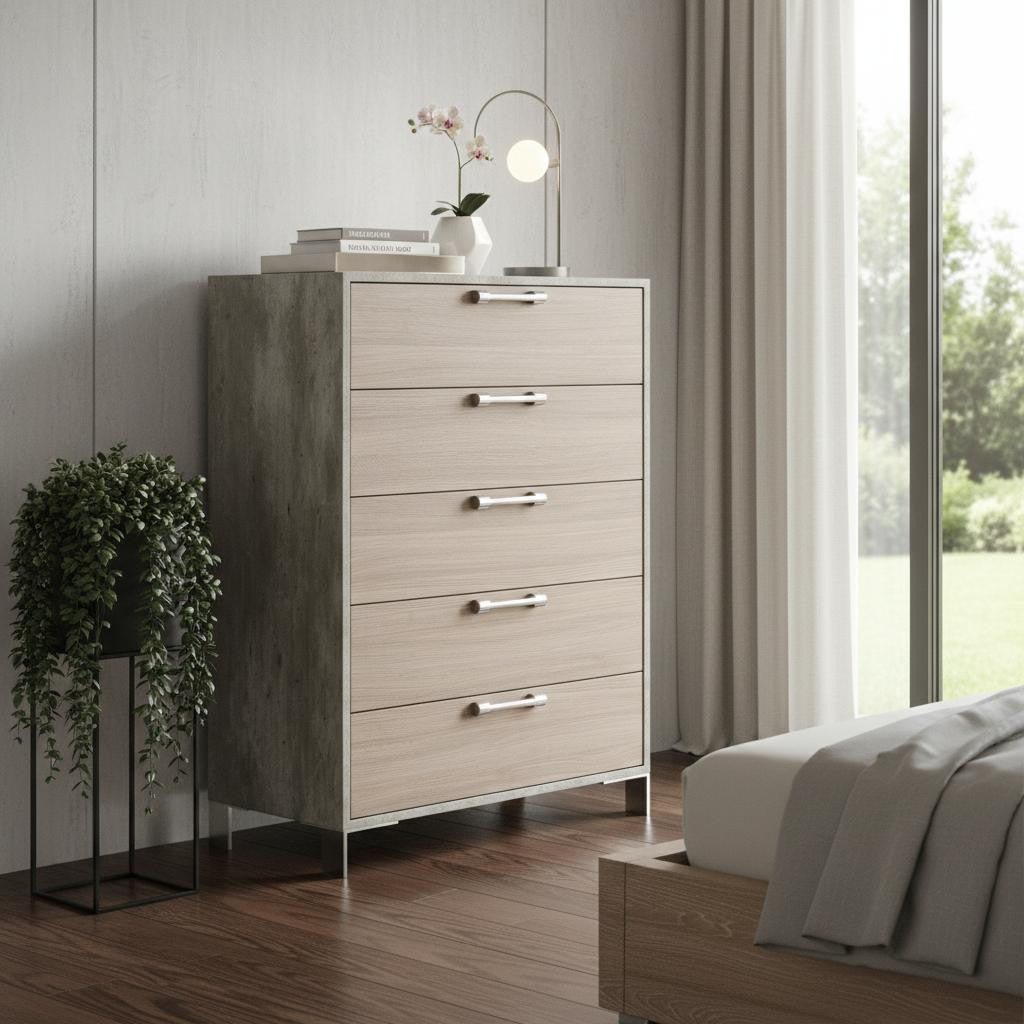 35" Brown Oak And Grey Solid And Manufactured Wood Five Drawer Chest