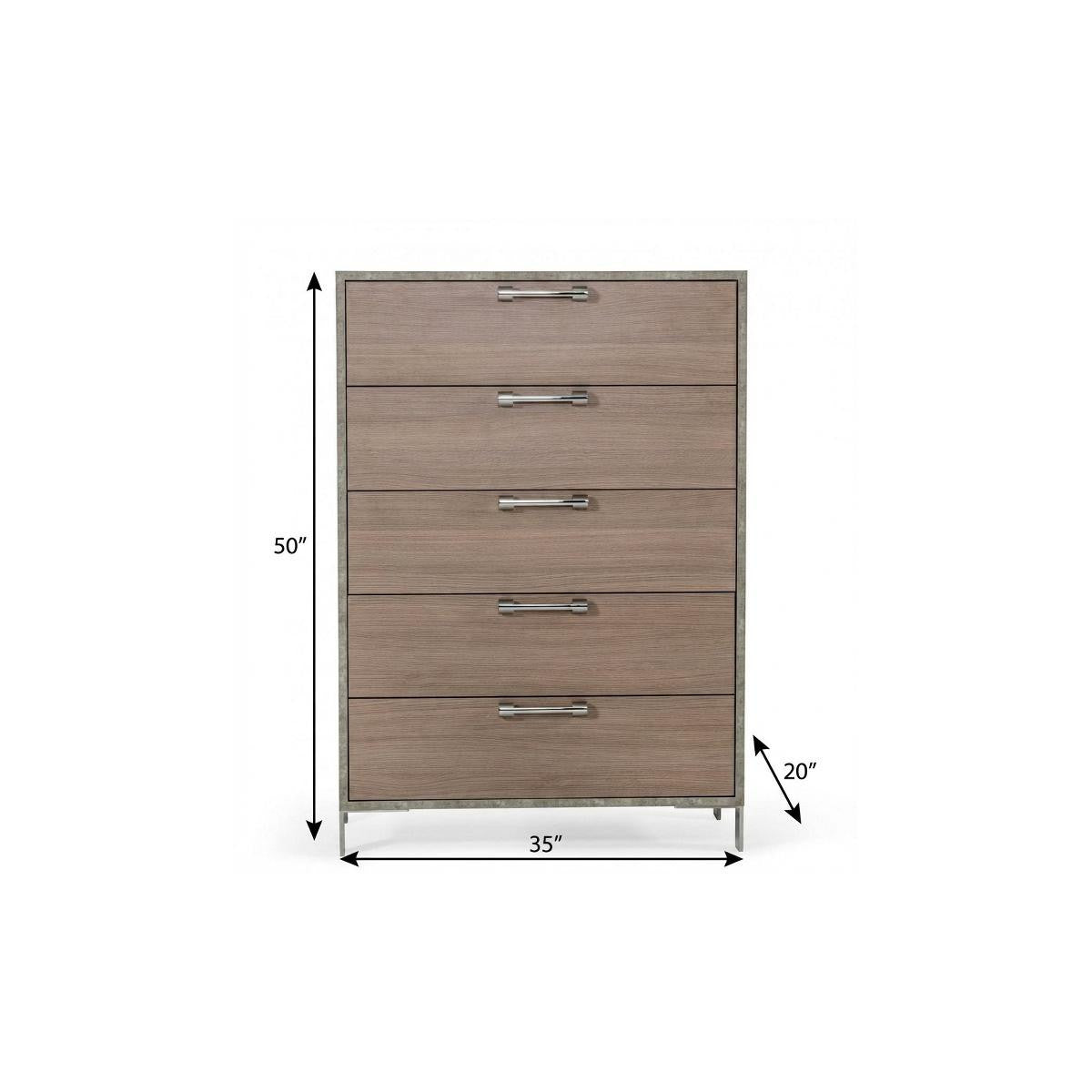 35" Brown Oak And Grey Solid And Manufactured Wood Five Drawer Chest