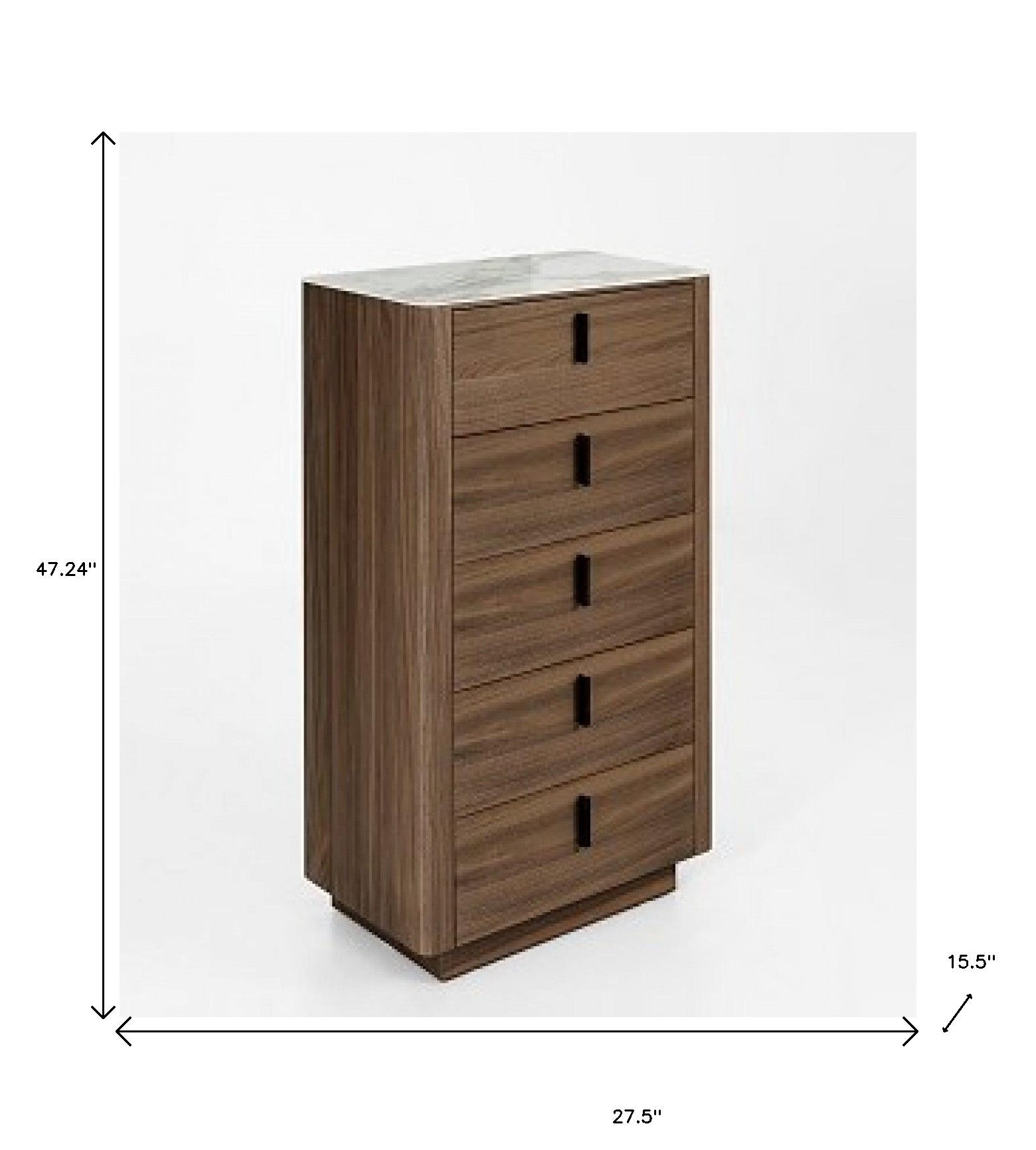 28" Walnut White Marble Manufactured Wood + Solid Wood Stainless Steel Five Drawer Chest