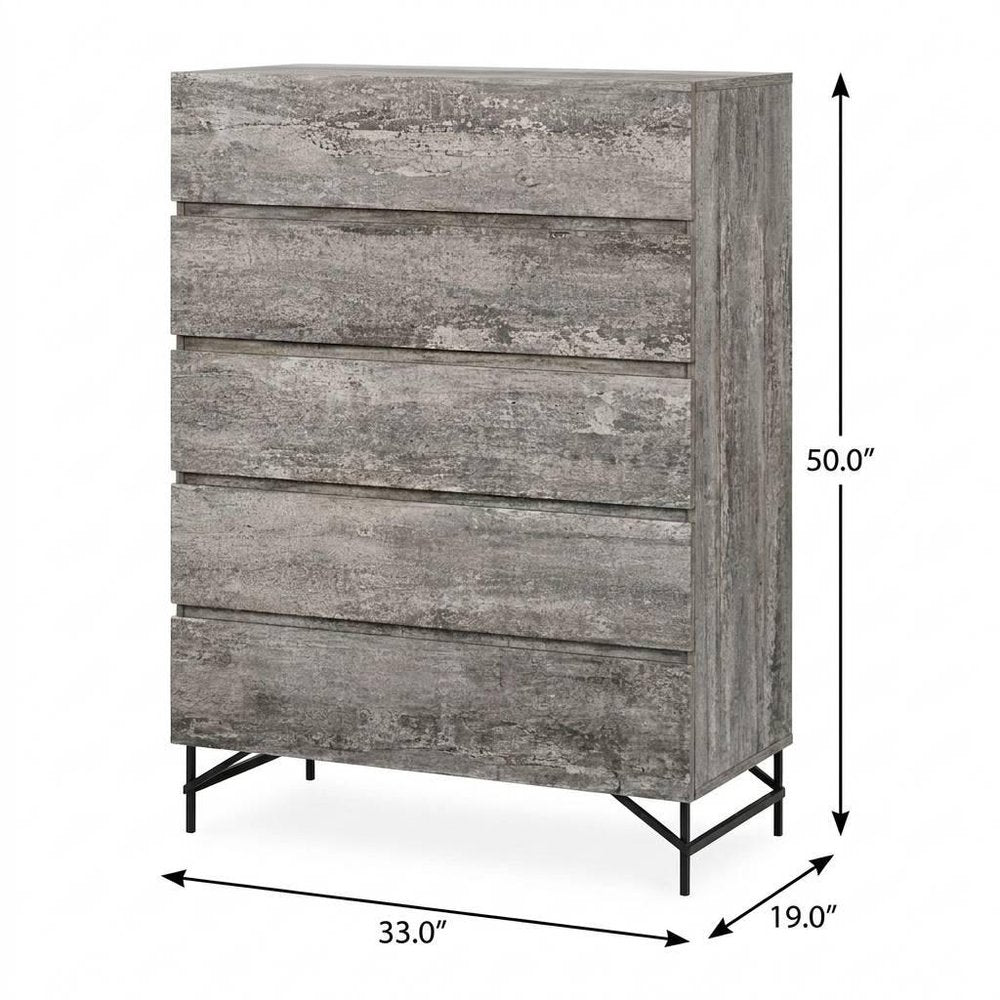 33" Black And Gray Wood Five Drawer Dresser