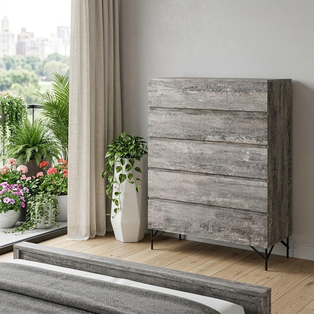 33" Black And Gray Wood Five Drawer Dresser