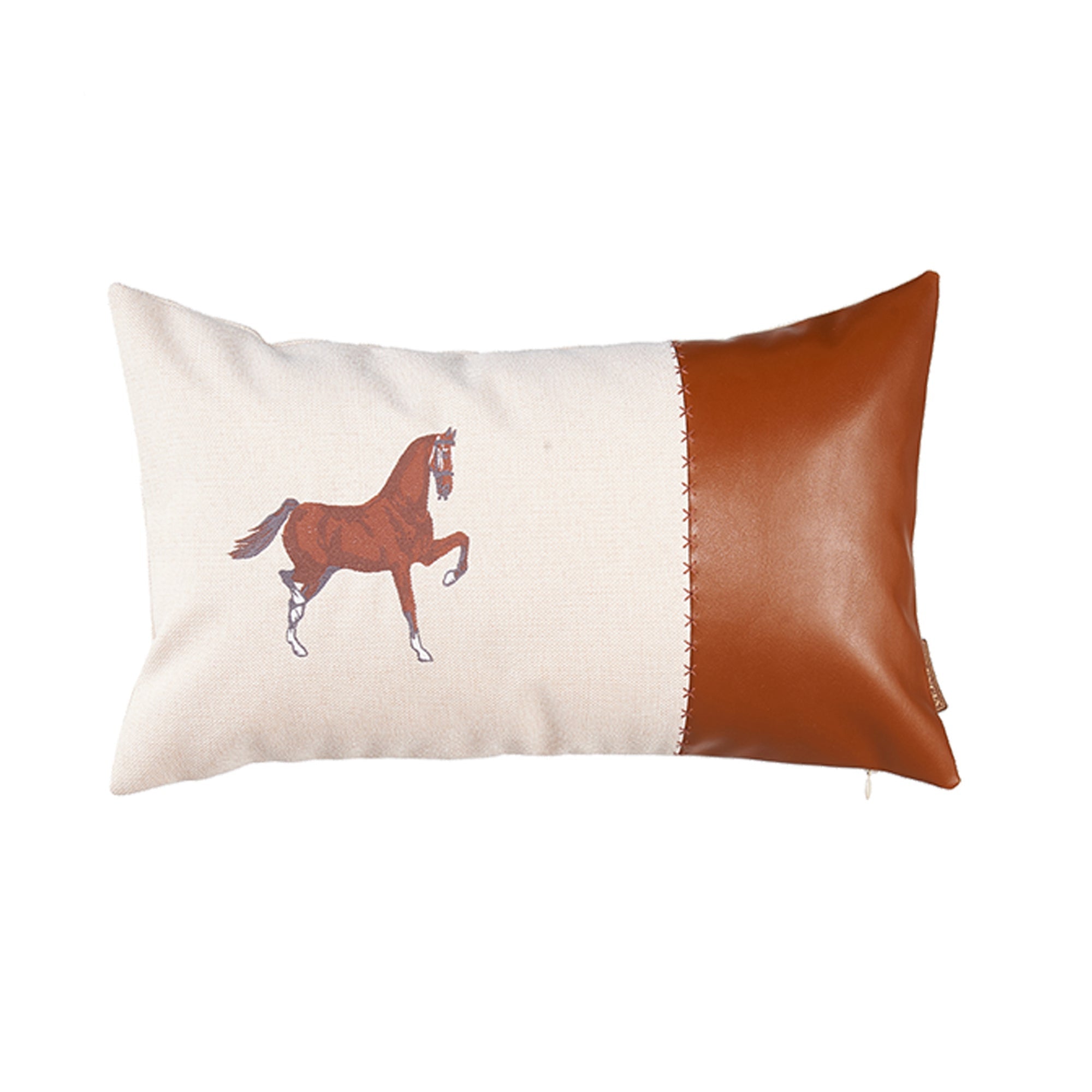 20" X 12" Beige Horse Animal Print Zippered Handmade Faux Leather Lumbar Pillow With Embroidery