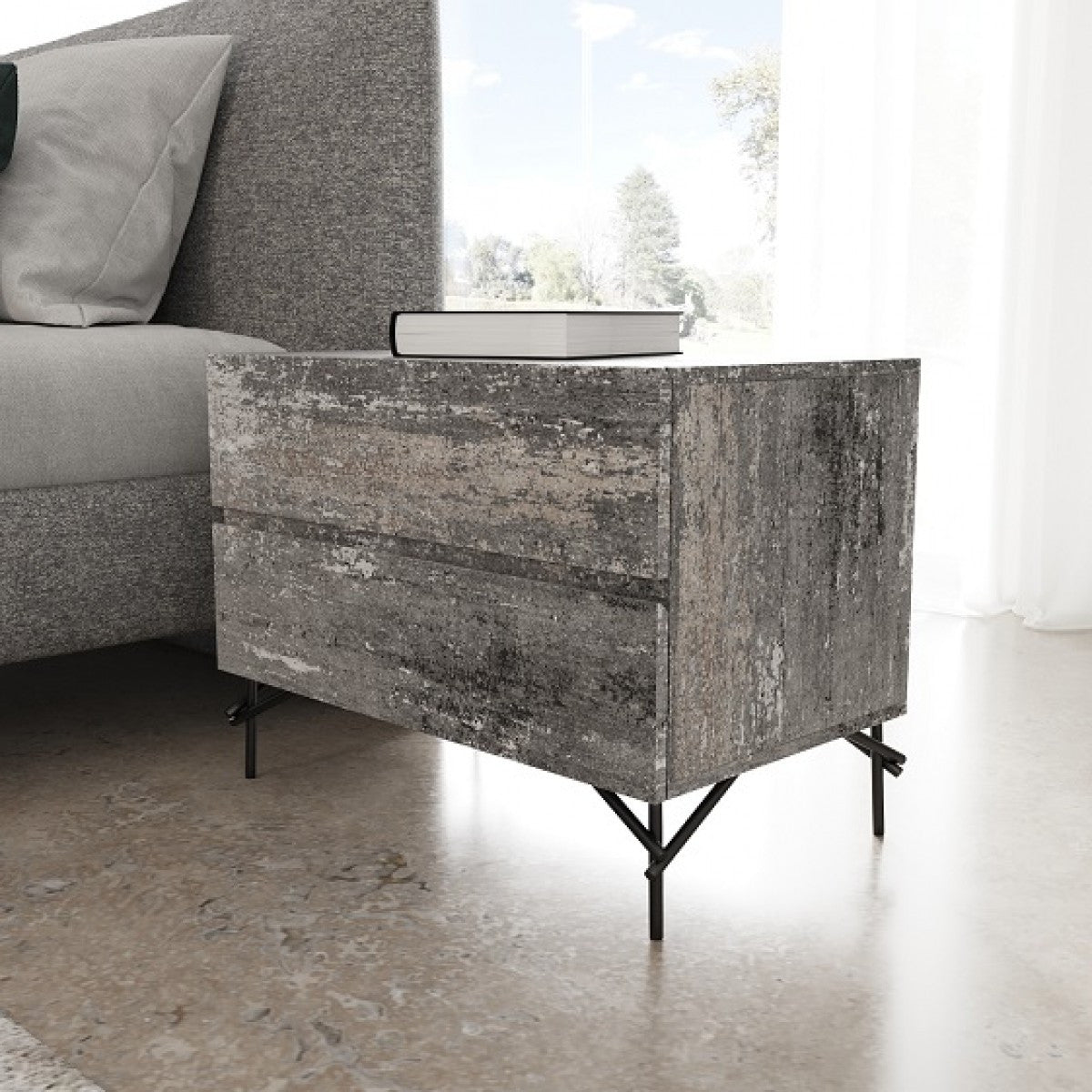21" Gray Iron and Wood Two Drawer Nightstand