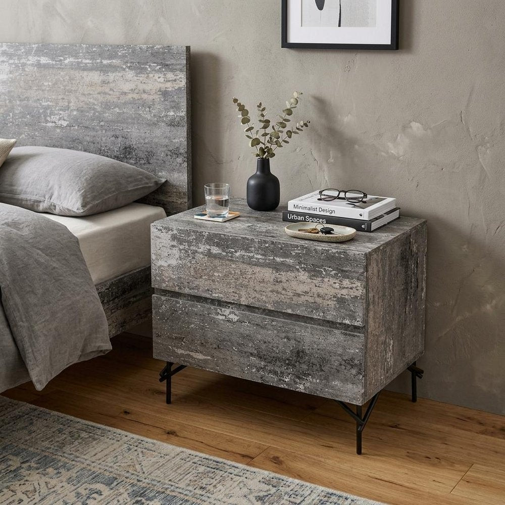 21" Gray Iron and Wood Two Drawer Nightstand