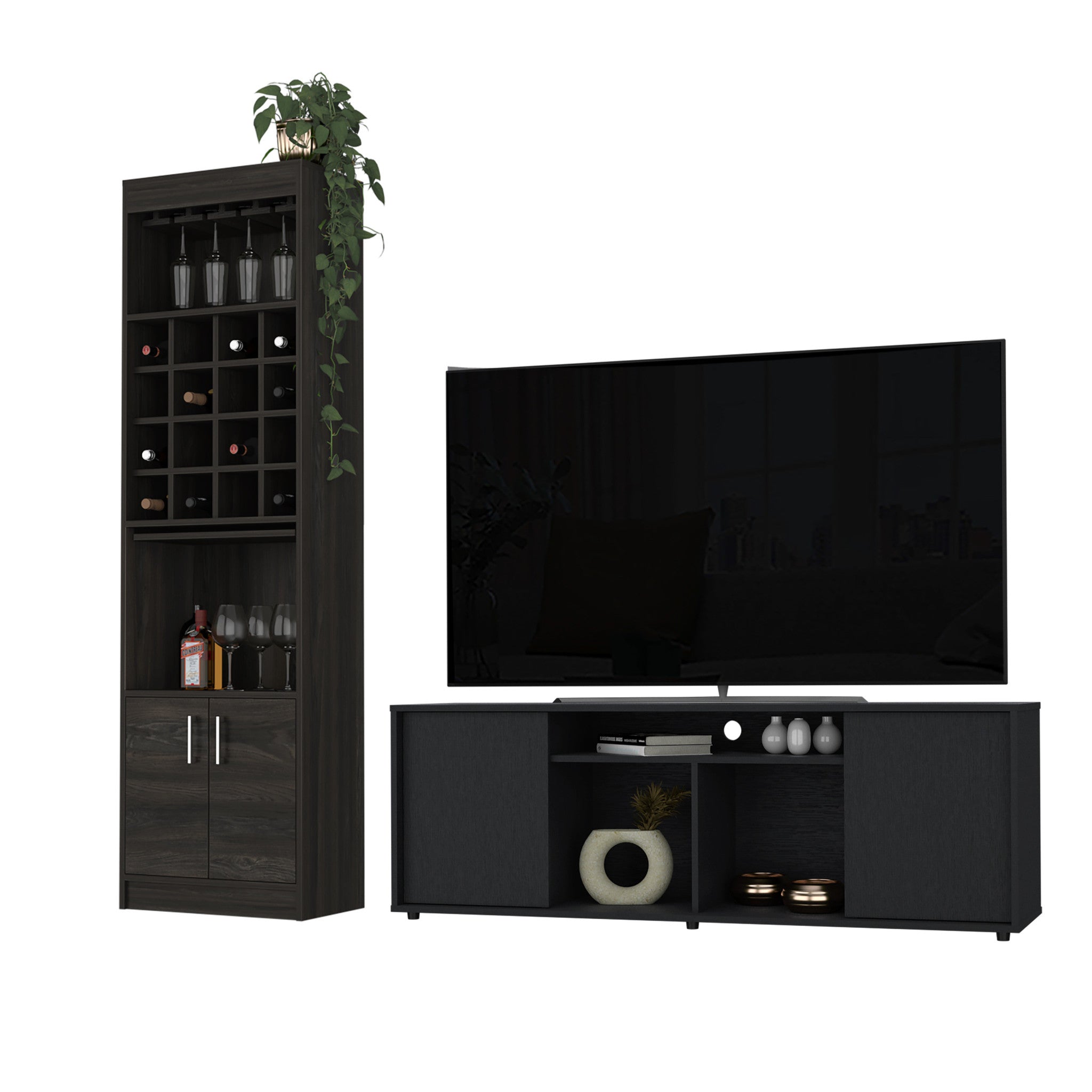 59" Brown and Black Cabinet Enclosed Storage TV Stand