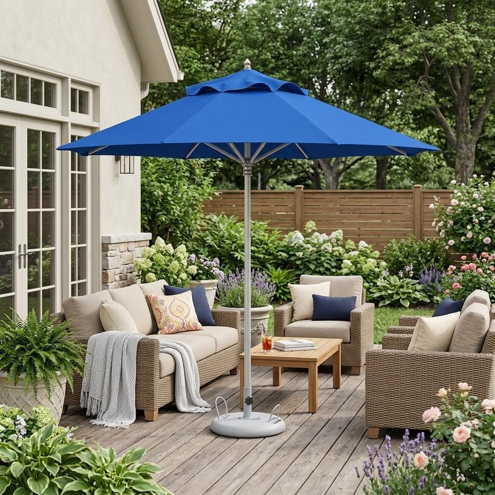 10' Blue Polyester Round Market Patio Umbrella