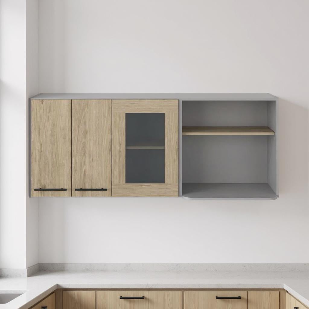 24" Gray and Natural Wood Wall Mounted Kitchen Cabinet With Three Doors