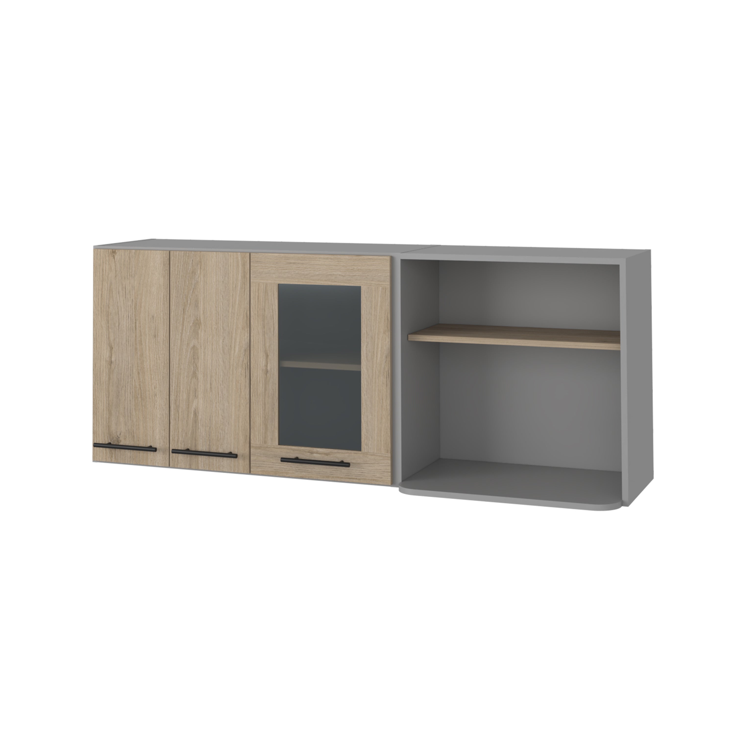 24" Gray and Natural Wood Wall Mounted Kitchen Cabinet With Three Doors