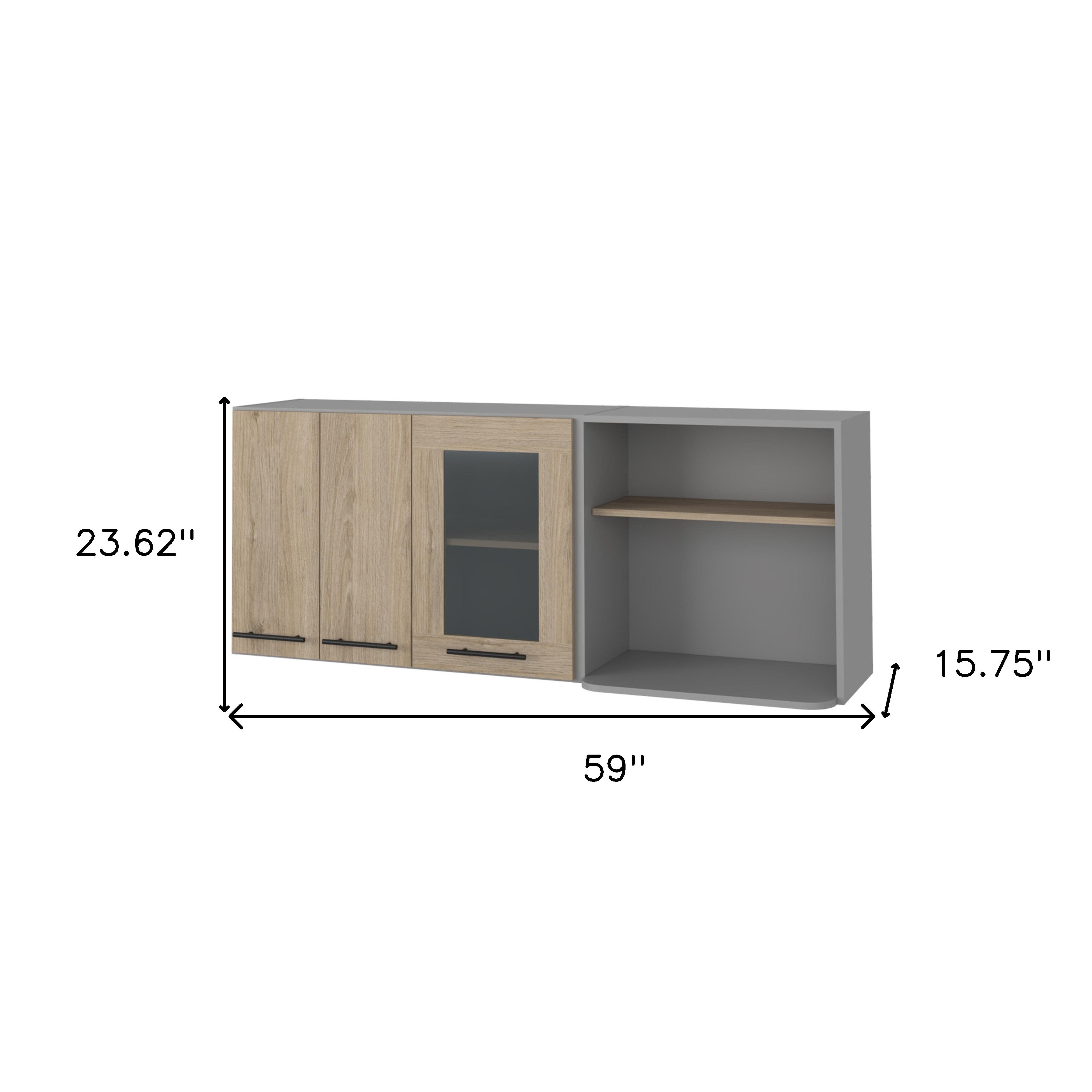24" Gray and Natural Wood Wall Mounted Kitchen Cabinet With Three Doors