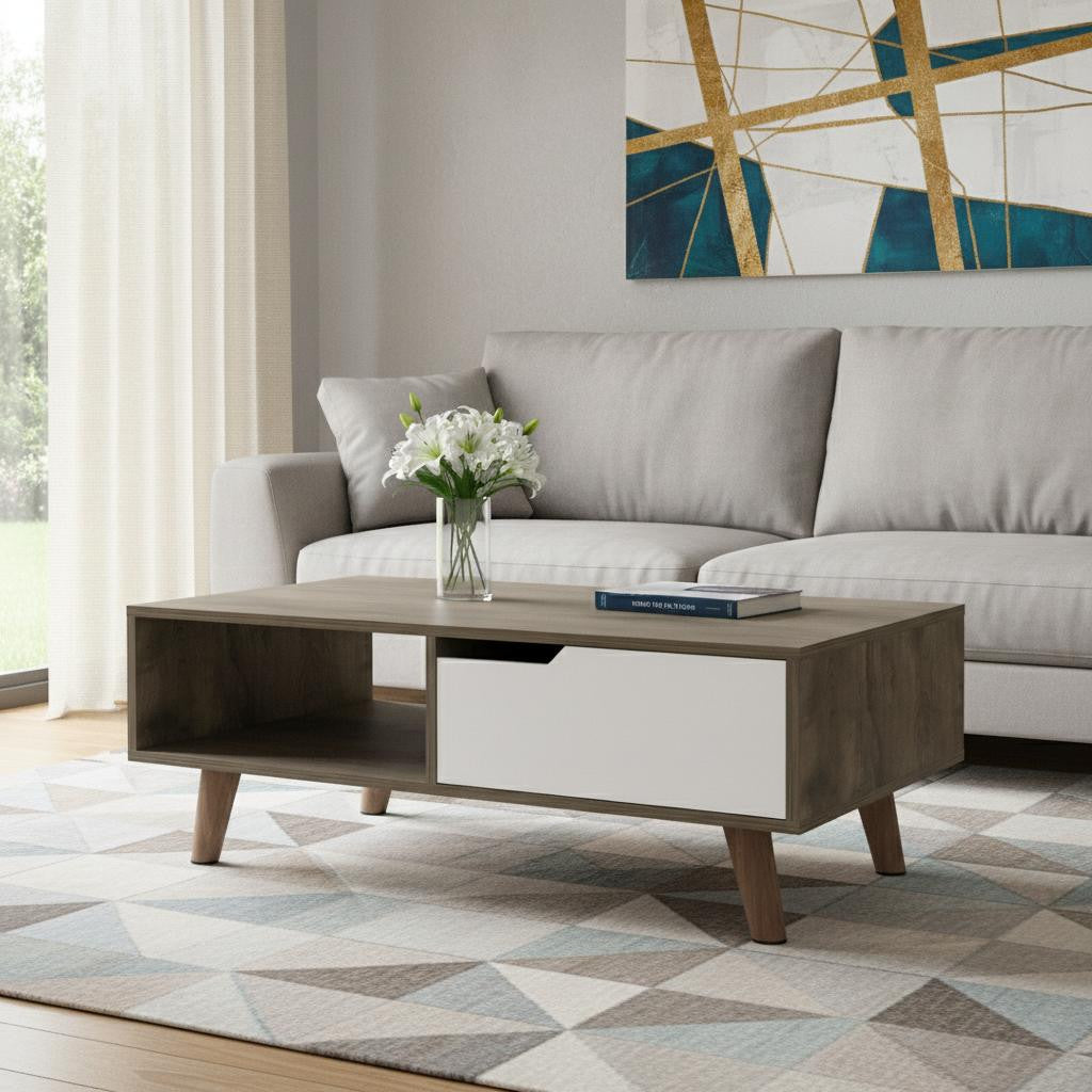 40" Natural And Dark Brown And White Wood Rectangular Coffee Table With Shelf