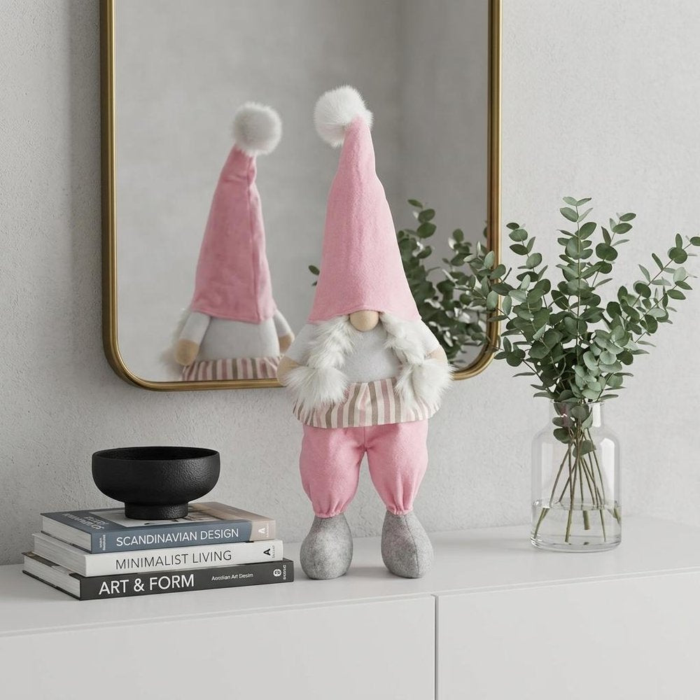 30" Pink and White Fabric Christmas Standing Gnome Tabletop Sculpture
