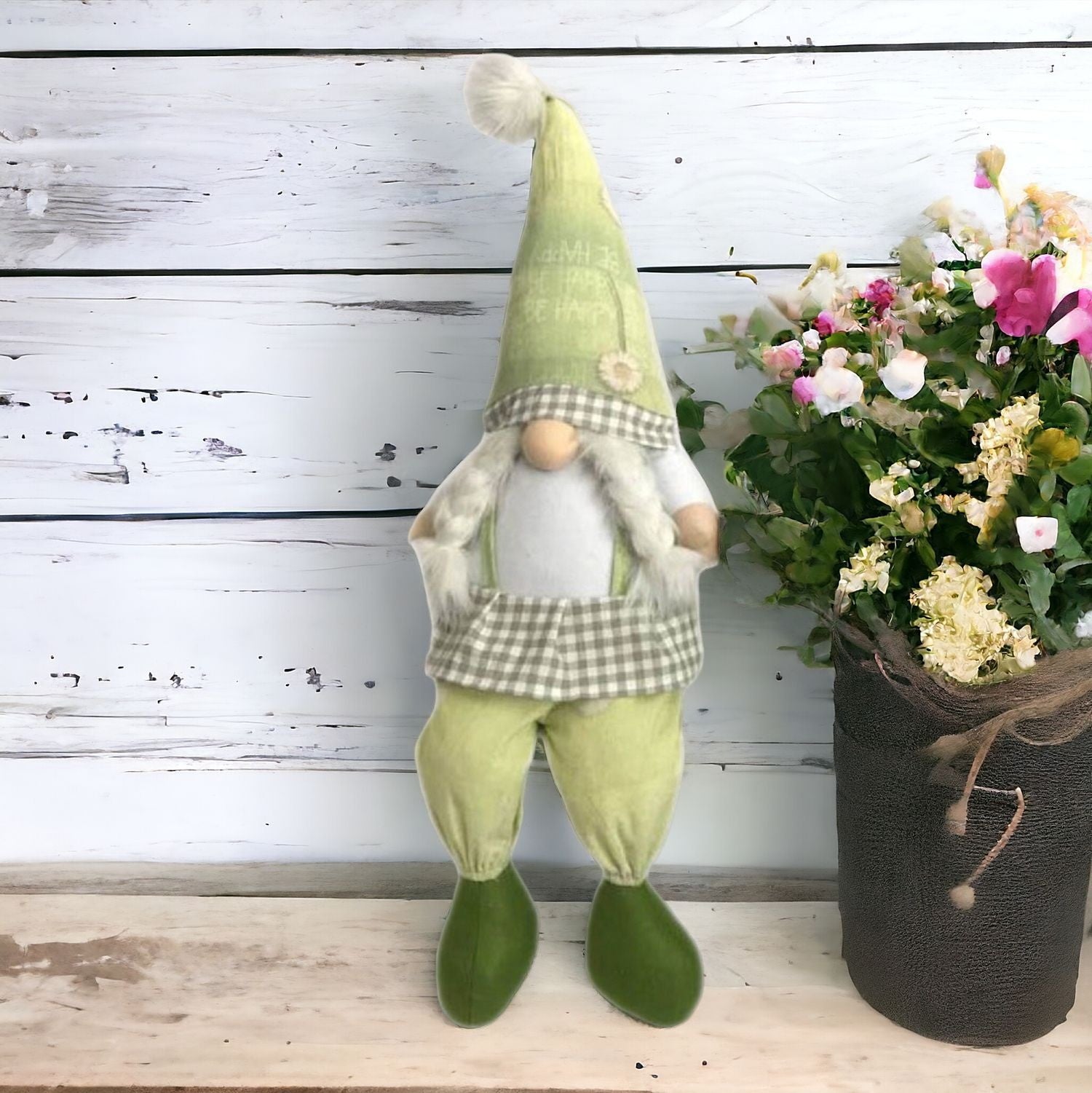 30" Green and White Fabric Christmas Standing Gnome Tabletop Sculpture