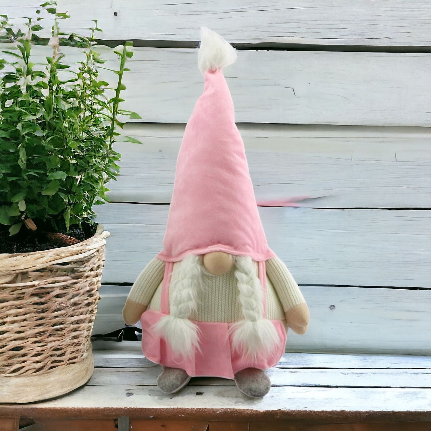 22" Pink and White Fabric Standing Gnome