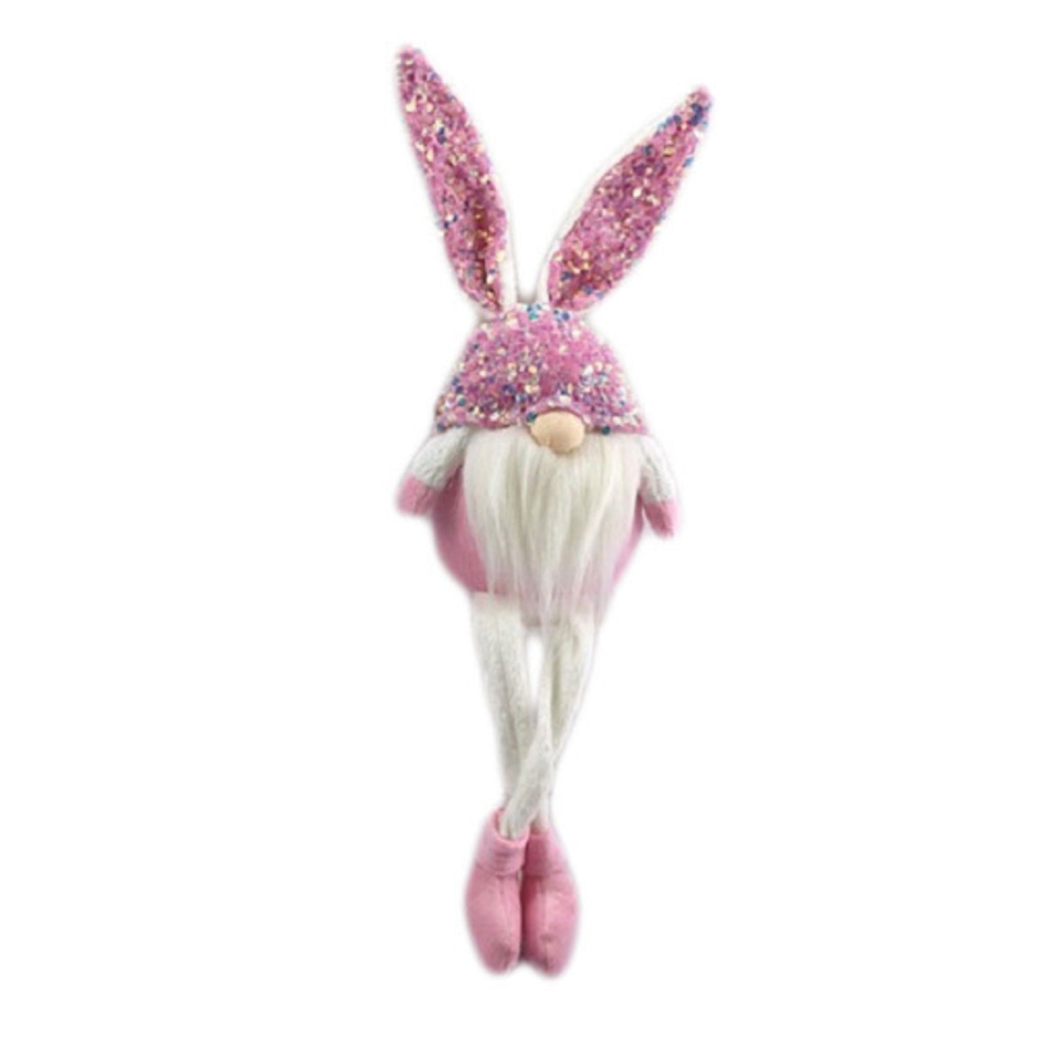 20" Pink and White Fabric Bunny Rabbit Sitting Gnome
