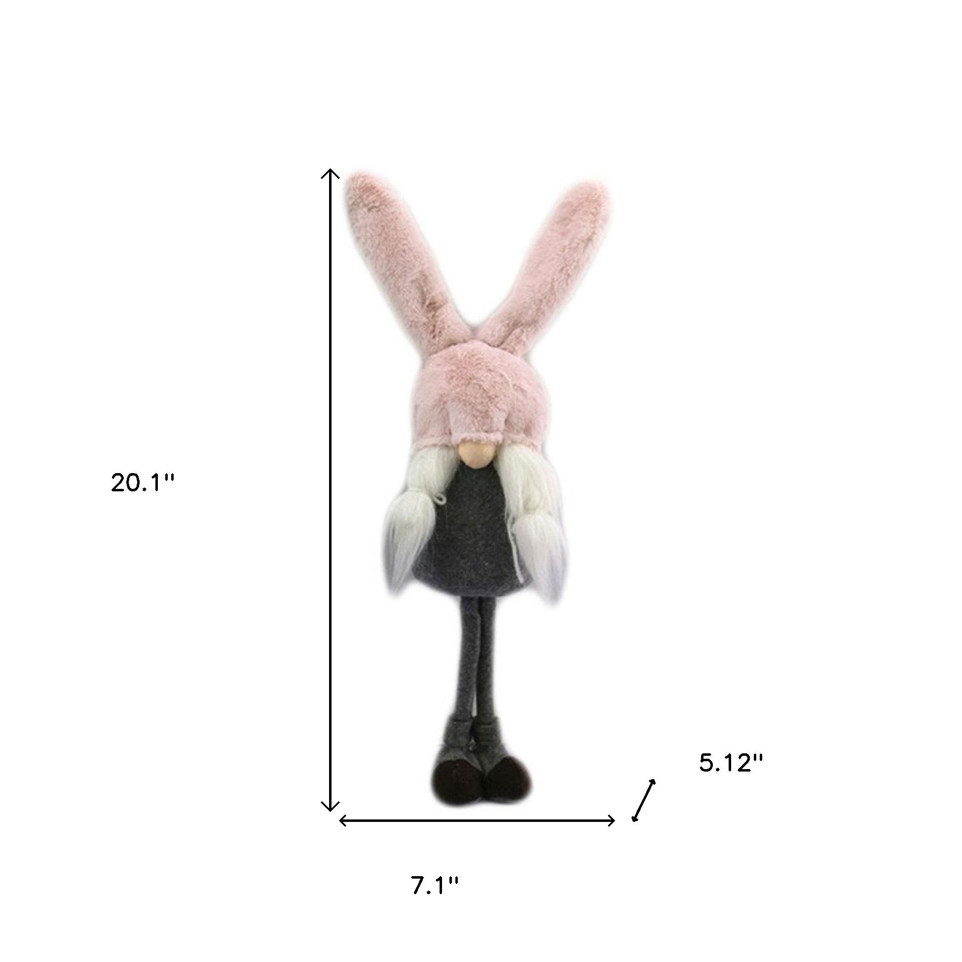 20" Gray and Pink Fabric Bunny Ears Sitting Gnome