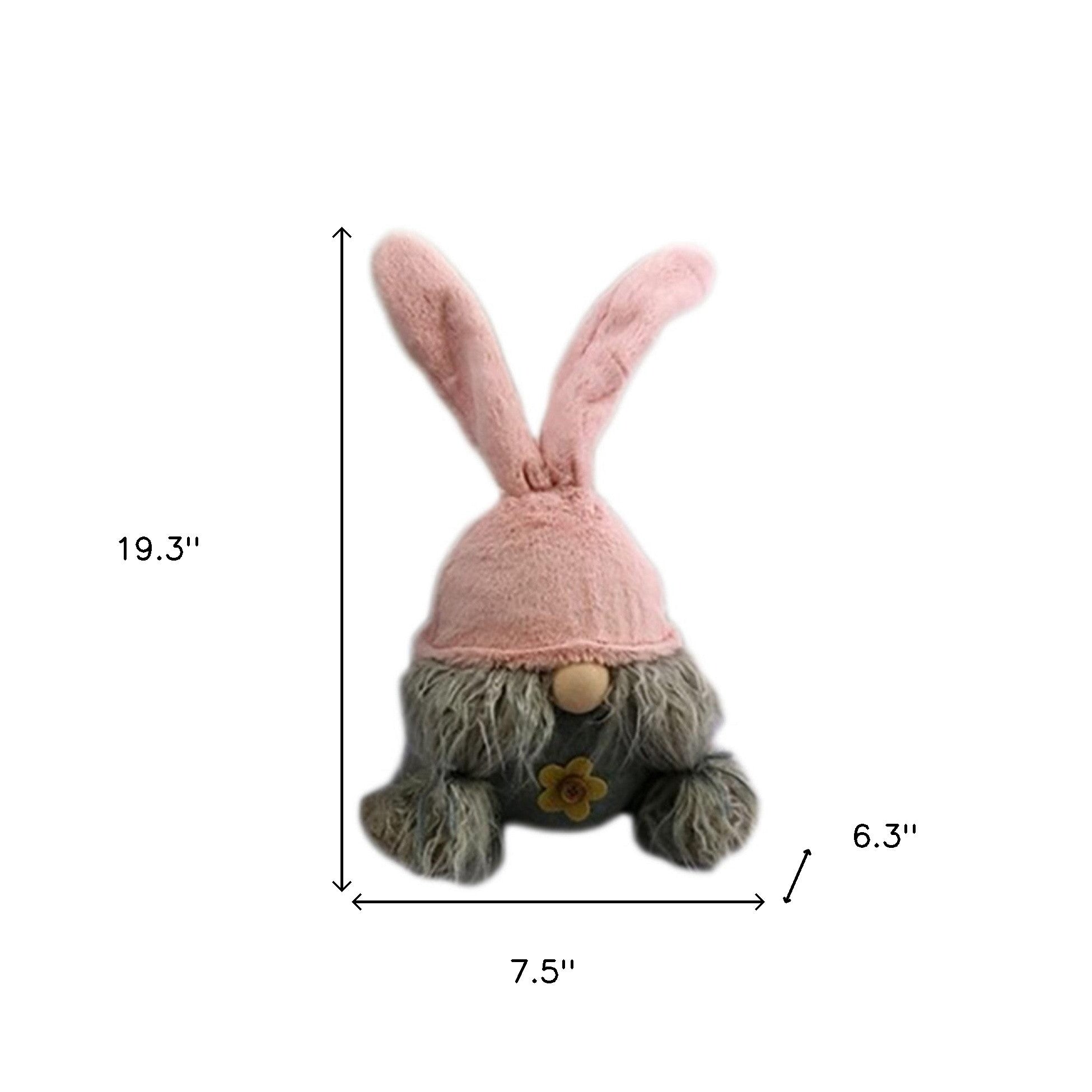 19" Gray and Pink Fabric Bunny Ears Standing Gnome