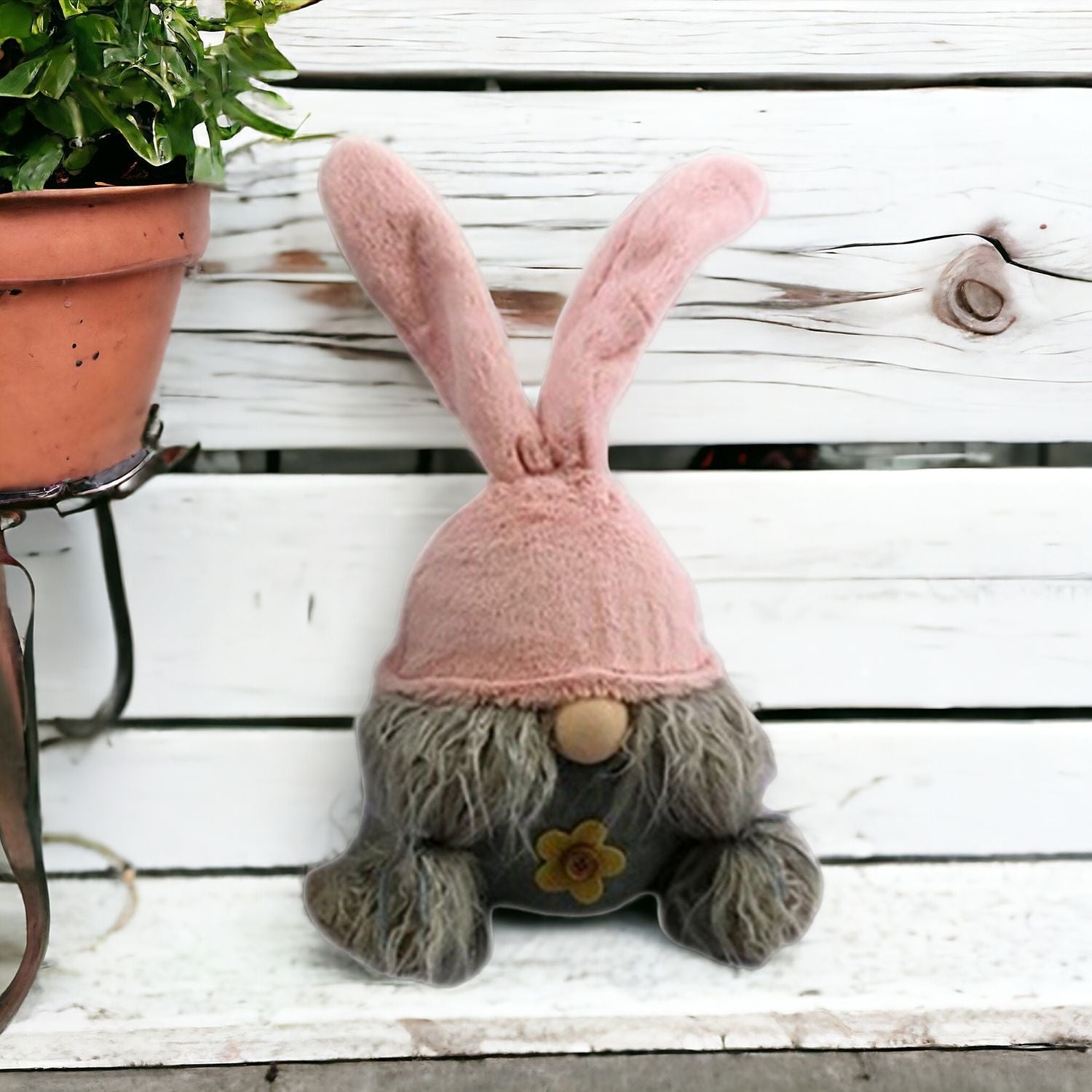 19" Gray and Pink Fabric Bunny Ears Standing Gnome