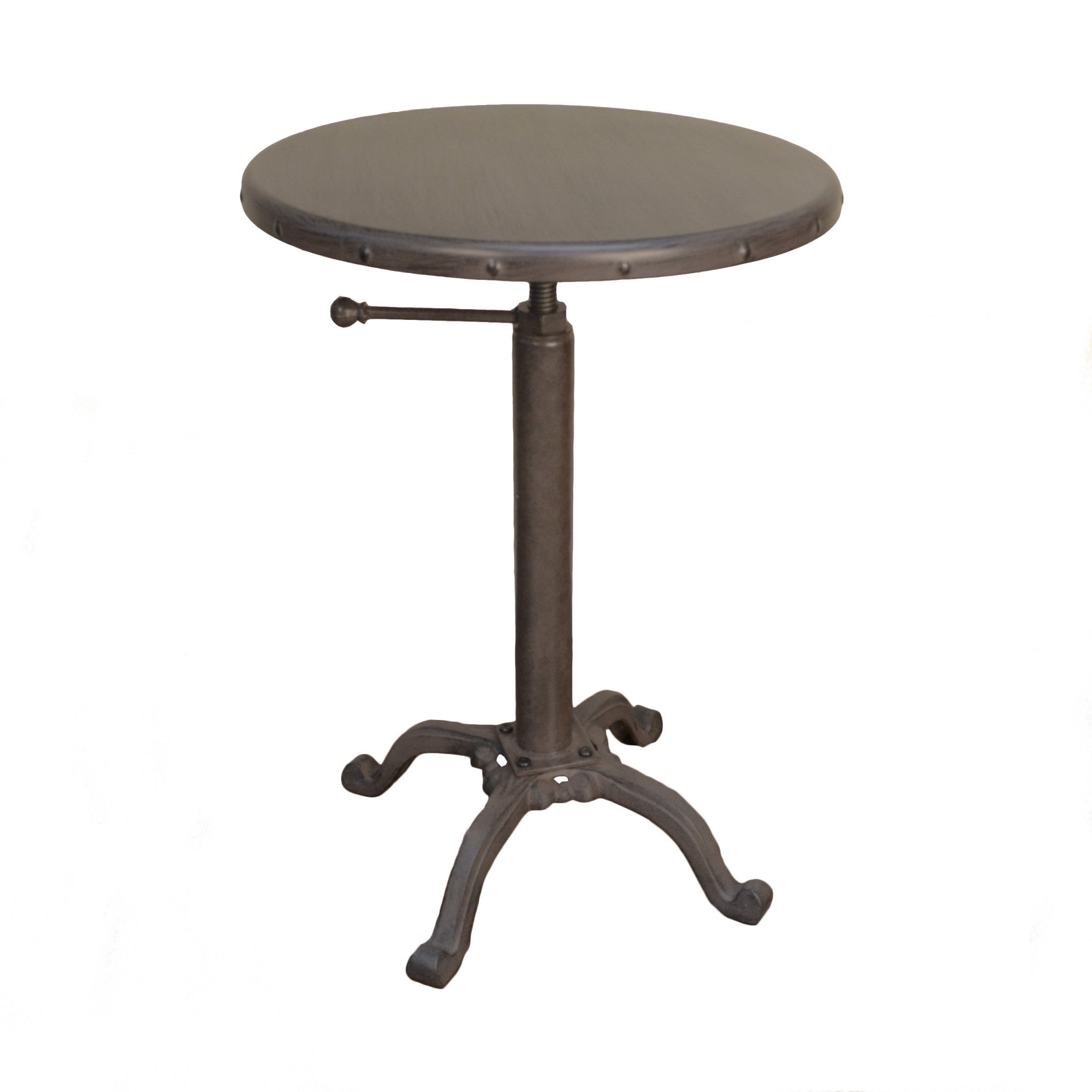 Gunmetal and Brown Iron Height Adjustable Round Pedestal End Table