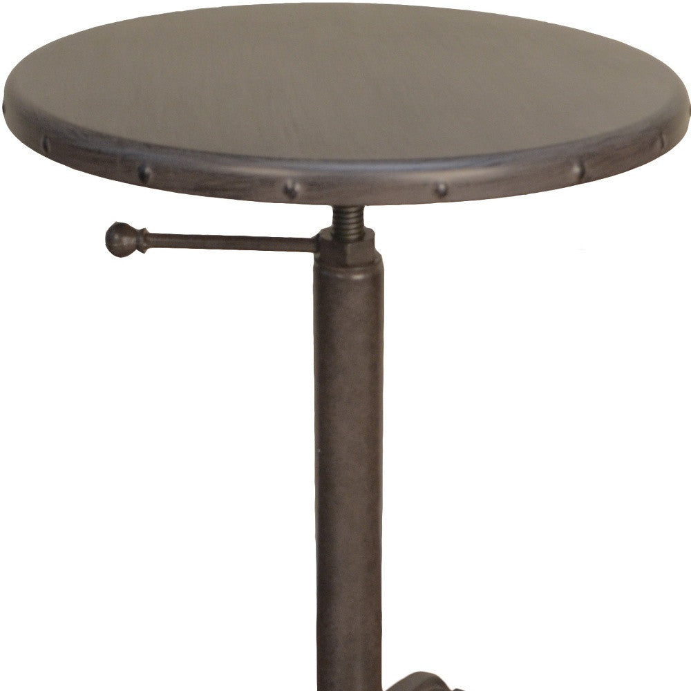Gunmetal and Brown Iron Height Adjustable Round Pedestal End Table
