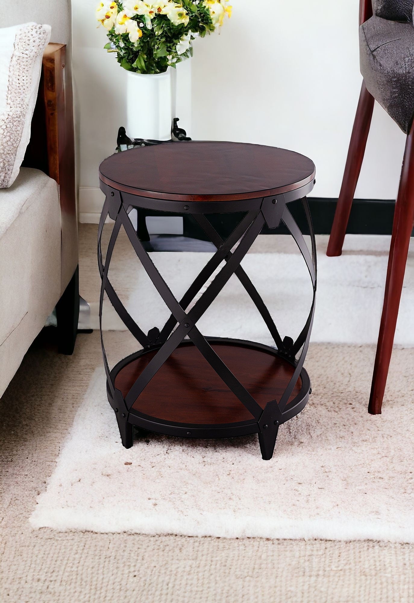 26" Black And Chestnut Solid Wood Round End Table