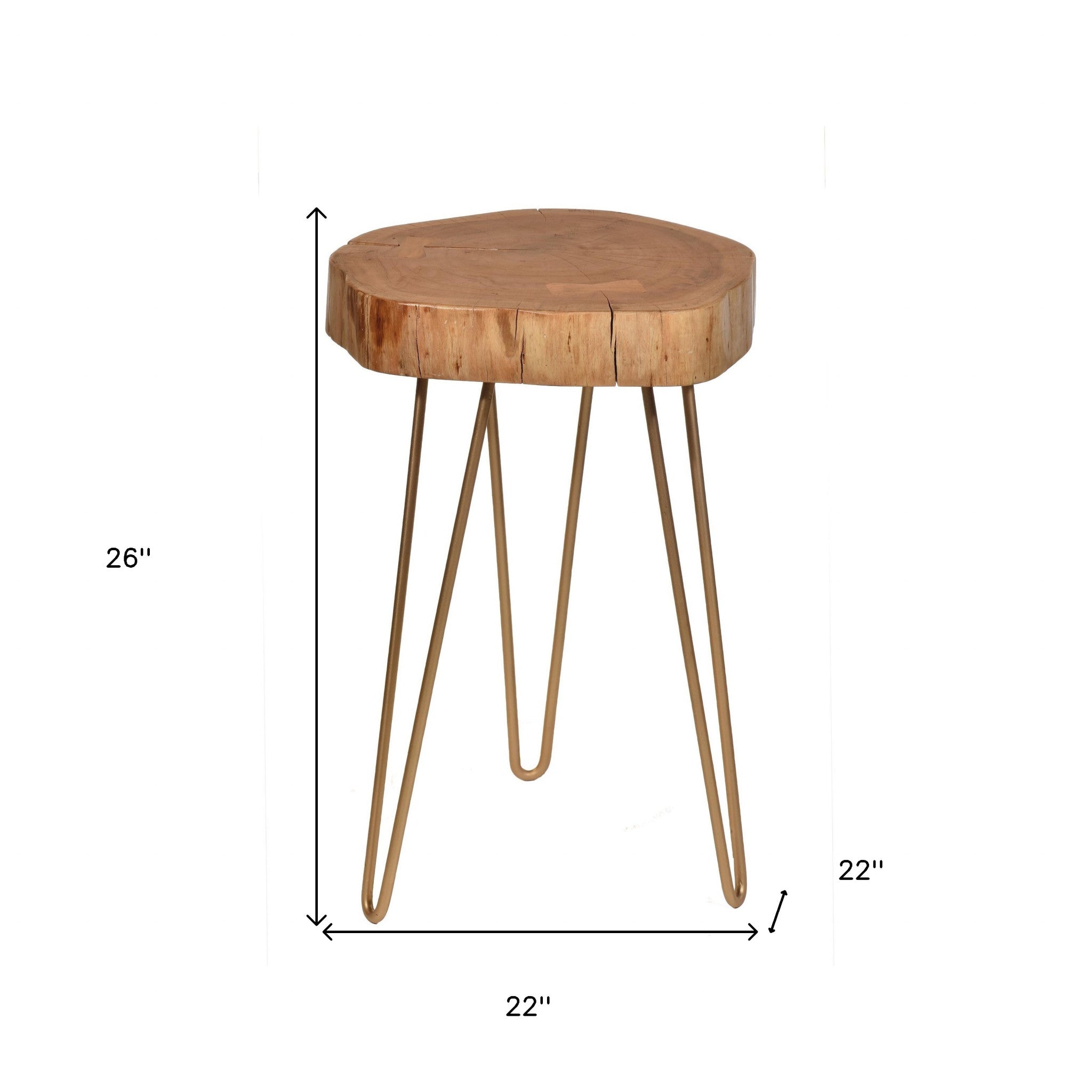 26" Gold And Natural Solid Wood Round End Table