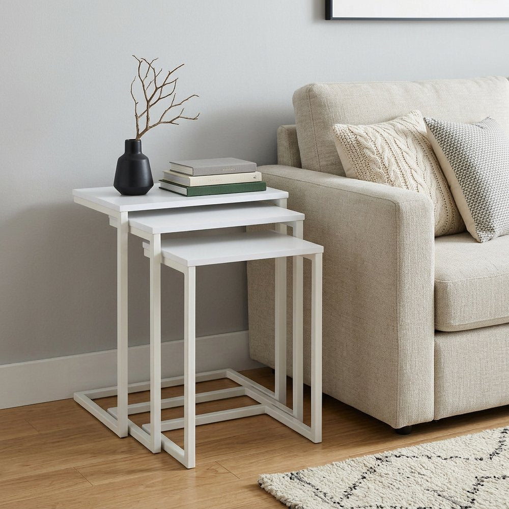 Set of Three 24" White Solid Wood And Steel Nested End Tables